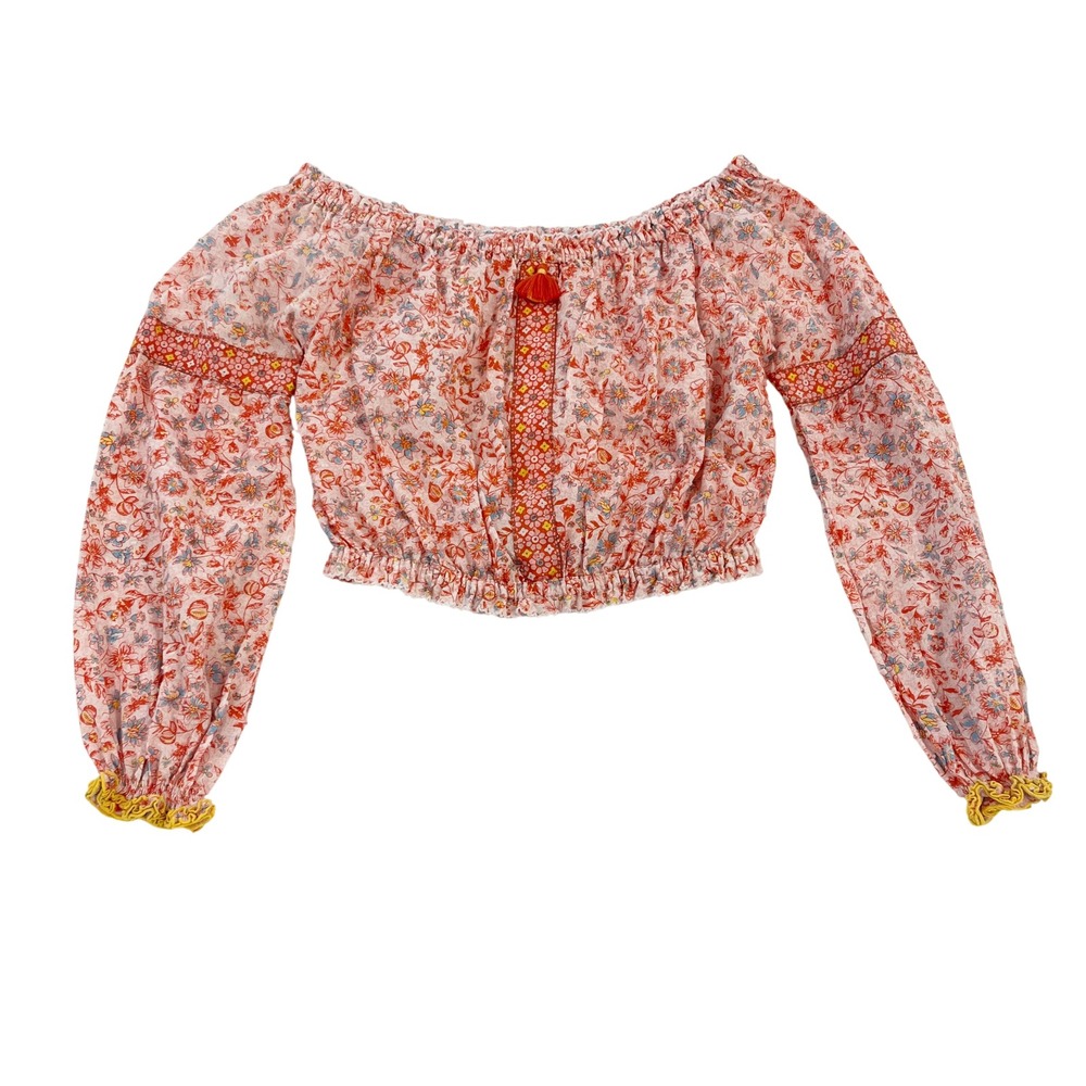 Poupette St Barth Nana Floral Off the Shoulder Crop Top Pink Orange Boho - XS